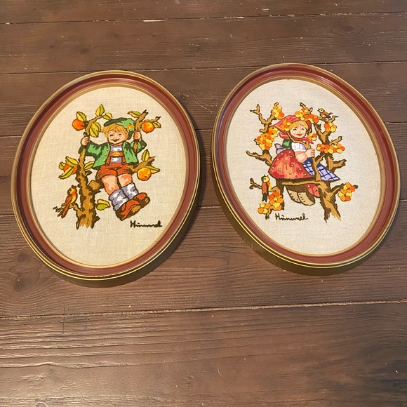 Vintage Oval Hummel Boy & Girl Apple Tree Crewel Stichery Frames. - Picture 7 of 8